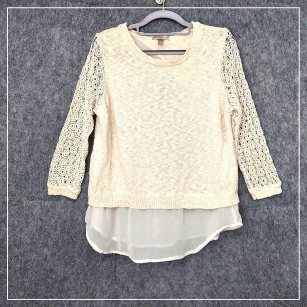 Roz & Ali Tunic Women M Mix Media Crochet Chiffon Knit Slit Back Boho Romantic